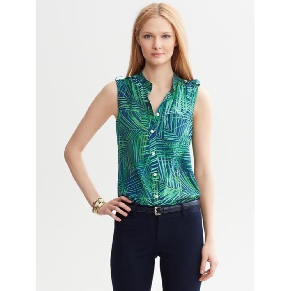 Banana Republic Blouse Womens 6 Palm Leaf Print 100% Silk Button Front